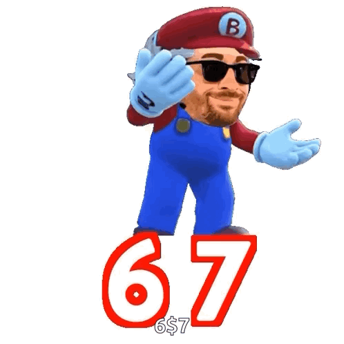 Man Dressed As Mario With Sunglasses And B Hat Next To 67 GIF