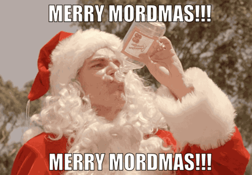 A Man Dressed As Santa Claus Drinking From A Bottle That Says Merry Mordmas On It GIF