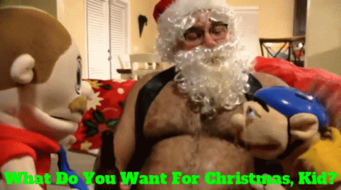A Man Dressed As Santa Claus Holding A Stuffed Animal With The Words " What Do You Want For Christmas Kid " Written Belo GIF