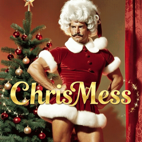 A Man Dressed As Santa Claus Is Standing In Front Of A Christmas Tree With The Words Chris Mess On The Bottom GIF