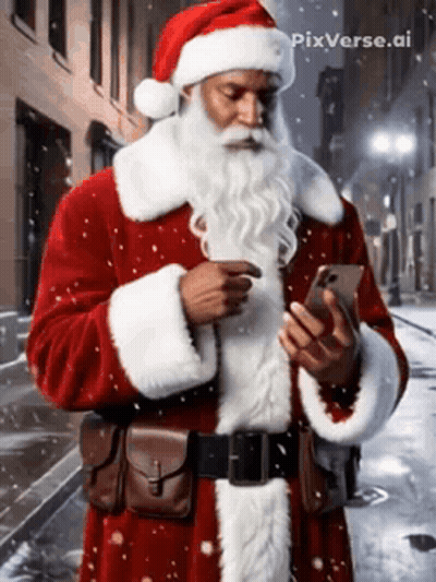 A Man Dressed As Santa Claus Looking At His Cell Phone GIF