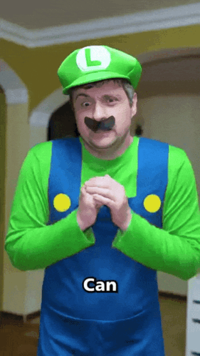 A Man Dressed In A Luigi Costume Has The Word Can On His Shirt GIF