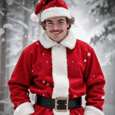 A Man Dressed In A Santa Suit And Hat GIF