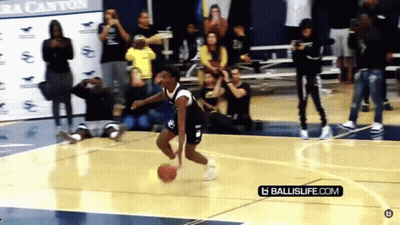 A Man Dribbles A Basketball On A Basketball Court With A Ballislife.com Logo In The Corner GIF