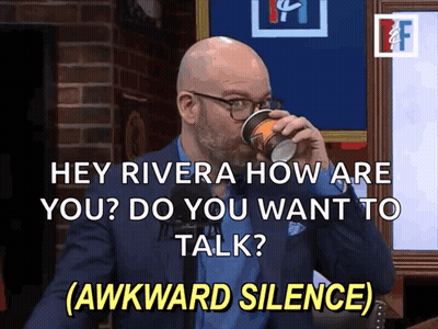 A Man Drinking A Cup Of Coffee With The Words Hey Rivera How Are You Do You Want To Talk GIF