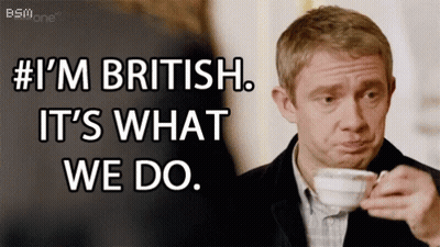 A Man Drinking A Cup Of Coffee With The Words # I 'M British It 'S What We Do GIF