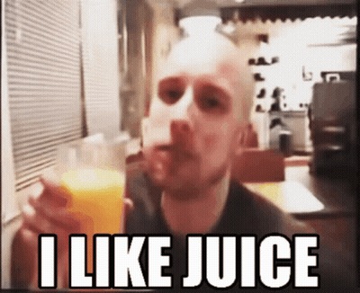 A Man Drinking A Glass Of Orange Juice With The Words I Like Juice Above Him GIF