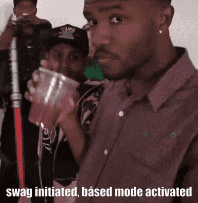 A Man Drinking From A Plastic Cup With The Words Swag Initiated Based Mode Activated On The Bottom GIF