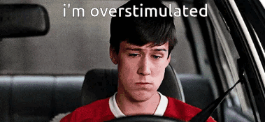 A Man Driving A Car With The Words I 'M Overstimulated Written Above Him GIF