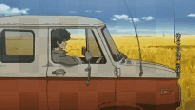 A Man Driving A Red And White Van In A Field GIF