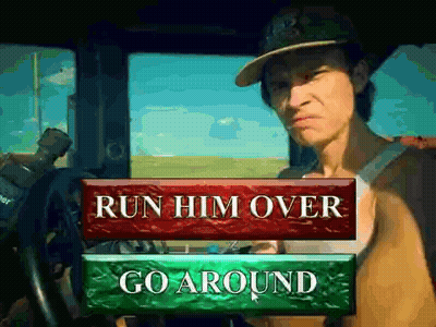 A Man Driving A Tractor With A Run Him Over And Go Around Button Below Him GIF