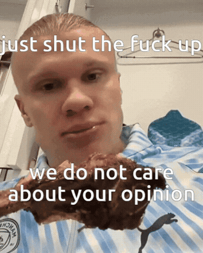 A Man Eating A Piece Of Meat With The Caption Just Shut The Fuck Up GIF