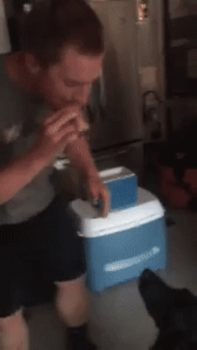 A Man Eating A Sandwich Next To An Ice Box GIF