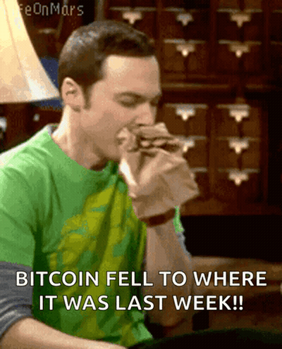 A Man Eating A Sandwich With The Words Bitcoin Fell To Where It Was Last Week Written Below Him GIF