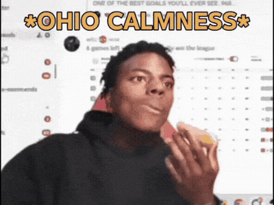 A Man Eating A Sandwich With The Words " Ohio Calmness " On The Bottom GIF