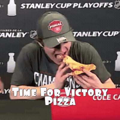 A Man Eating A Slice Of Pizza In Front Of A Stanley Cup Playoffs Banner GIF