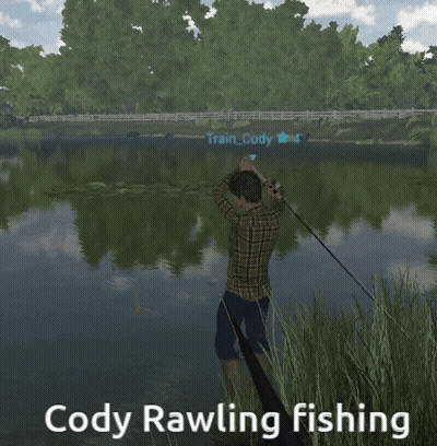 A Man Fishing In A Video Game With The Name Cody Rawling Fishing GIF