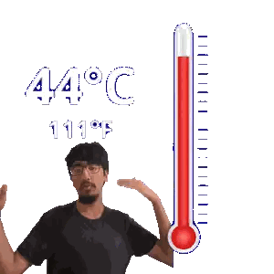 A Man Flexes His Muscles Next To A Thermometer That Reads 44 Degrees C Sticker