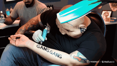 A Man Gets A Tattoo On His Arm That Says Gang Gang GIF