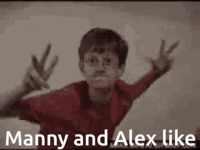 A Man Giving A Peace Sign With The Words Manny And Alex Like GIF