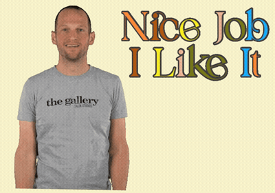 A Man Giving A Thumbs Up In Front Of A Nice Job I Like It Sign GIF