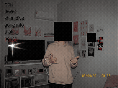A Man Giving A Thumbs Up In Front Of A Wall That Says You Never Should Ve Gone Into That House GIF
