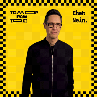 A Man Giving A Thumbs Up In Front Of A Yellow And Black Checkered Background With Tomorrow Row Taxi Written On It GIF