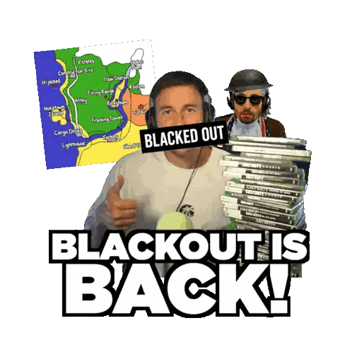 A Man Giving A Thumbs Up Next To A Stack Of Video Games With The Words Blackout Is Back Sticker