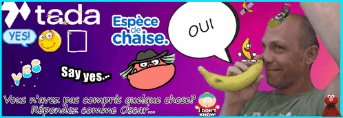 A Man Holding A Banana With A Speech Bubble That Says " Oui " GIF