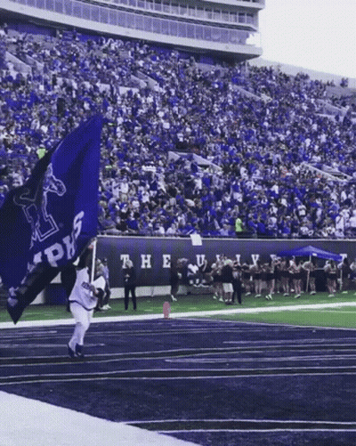 A Man Holding A Blue Flag That Says ' Alpha ' On It GIF