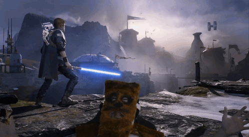 A Man Holding A Blue Lightsaber In A Video Game With A Teddy Bear In The Foreground GIF