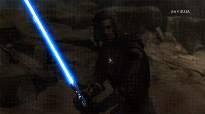 A Man Holding A Blue Lightsaber With The Hashtag @Avirha On The Bottom Right GIF