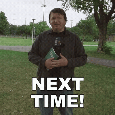 A Man Holding A Book In A Park With The Words Next Time Above Him GIF
