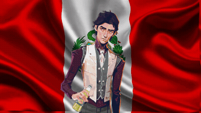 A Man Holding A Bottle In Front Of A Peruvian Flag GIF