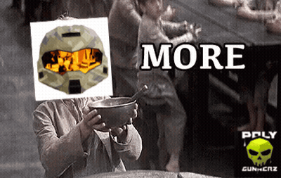 A Man Holding A Bowl With A Picture Of A Helmet On His Face And The Word More Written Above Him GIF