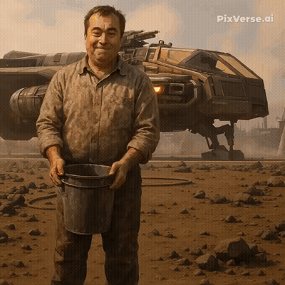A Man Holding A Bucket In Front Of A Futuristic Vehicle With Pixverse.ai Written On The Bottom GIF