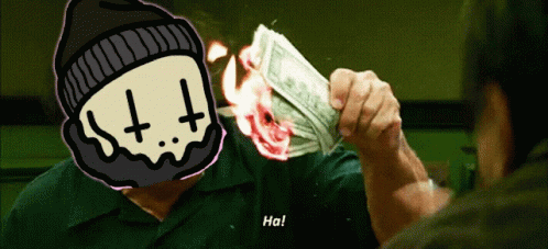 A Man Holding A Bunch Of Money With A Skull On His Face And The Words Ha On The Bottom GIF