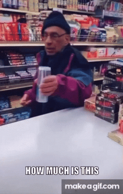 A Man Holding A Can Of Soda In A Store With The Words How Much Is This Make A Gif.com Below Him GIF