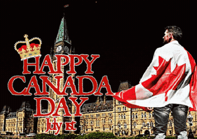 A Man Holding A Canadian Flag Stands In Front Of A Sign That Says Happy Canada Day GIF