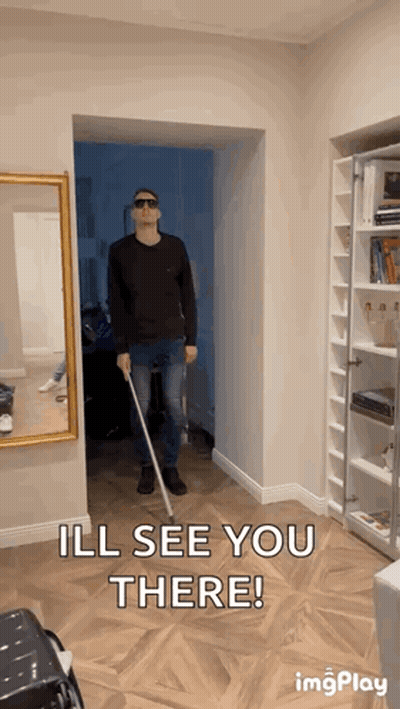 A Man Holding A Cane In A Hallway With The Words Ill See You There GIF
