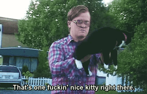 A Man Holding A Cat With The Words That 'S One Fuckin ' Nice Kitty Right There Below Him GIF