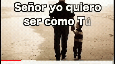 A Man Holding A Child 'S Hand On The Beach With The Words " Señor Yo Quiero Ser Como Tu " GIF