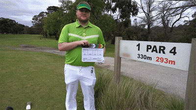 A Man Holding A Clapper Board Stands In Front Of A Sign For 1 Par 4 GIF