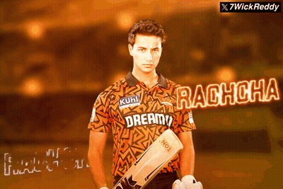 A Man Holding A Cricket Bat With The Name Rachcha On The Bottom GIF