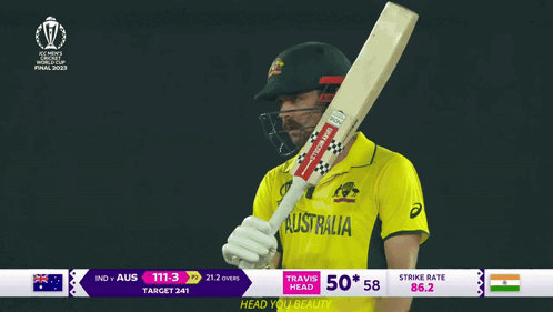 A Man Holding A Cricket Bat With The Word Australia On It GIF