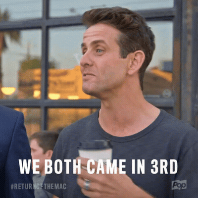 A Man Holding A Cup Of Coffee With The Words We Both Came In 3Rd Below Him GIF