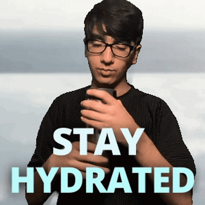 A Man Holding A Cup Of Water With The Words Stay Hydrated Written Below Him GIF