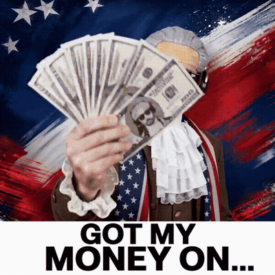 A Man Holding A Fan Of Money With The Words Got My Money On Written Below Him GIF