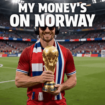 A Man Holding A Fifa World Cup Trophy With The Caption My Money 'S On Norway Behind Him GIF
