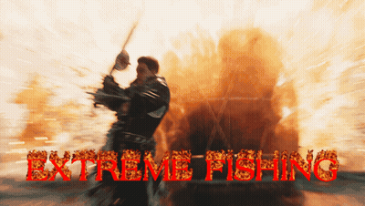 A Man Holding A Fishing Rod In Front Of An Explosion With The Words Extreme Fishing Written In Red GIF